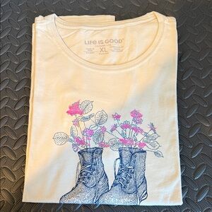 Life Is Good Cream Tee with Pink Floral Boot Design